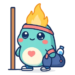 A teal Habitot pet with a flame on its head, wearing a sweatband and waiting by the door with its gym bag.
